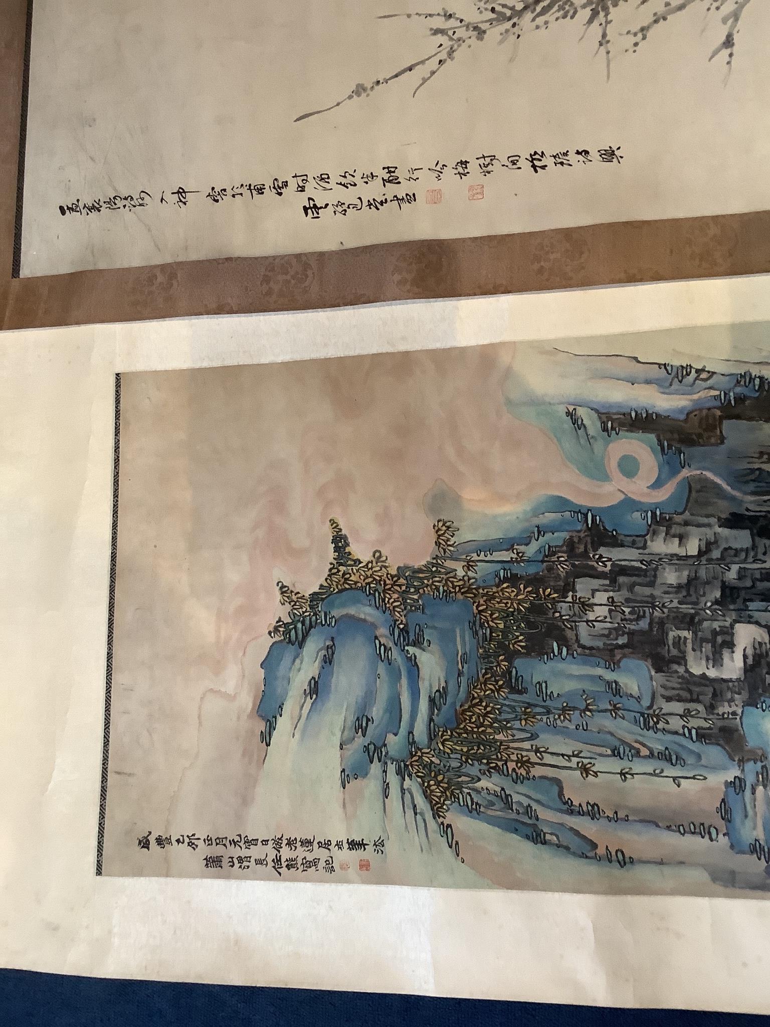 Two Chinese scroll paintings on paper, 20th century, depicting a Luohan in a cave and a scholar amid prunus Images 103 cm X 47 cm and 132 cm X 32.5 cm